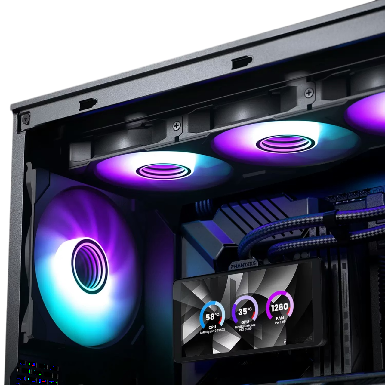 PC com Phanteks Glacier One 360M25 LCD AIO instalado
