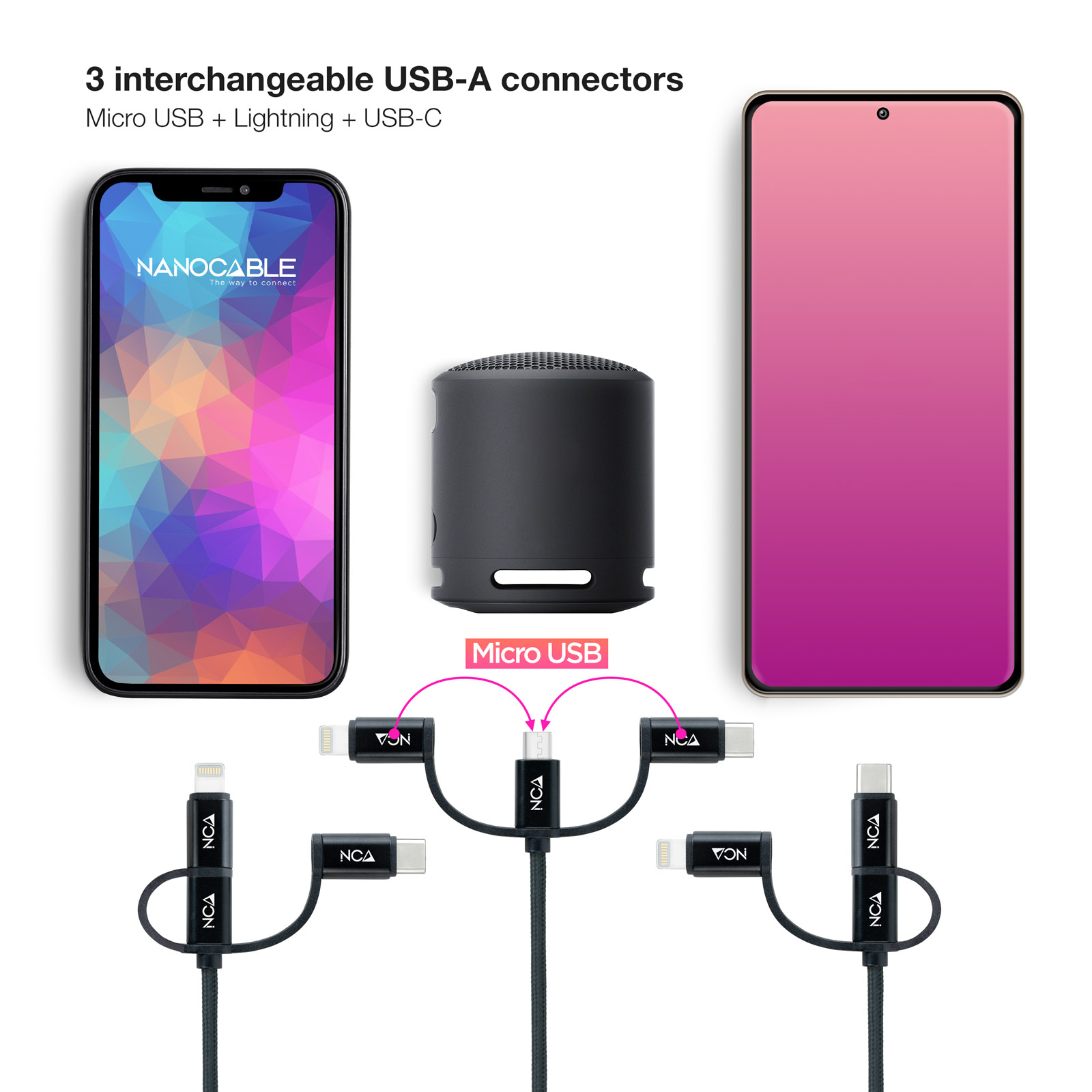 Nanocable - Cabo USB 3 em 1 Nanocable USB-A > 1x USB-C + 1x Micro-USB + 1x Lightning 1 M Preto