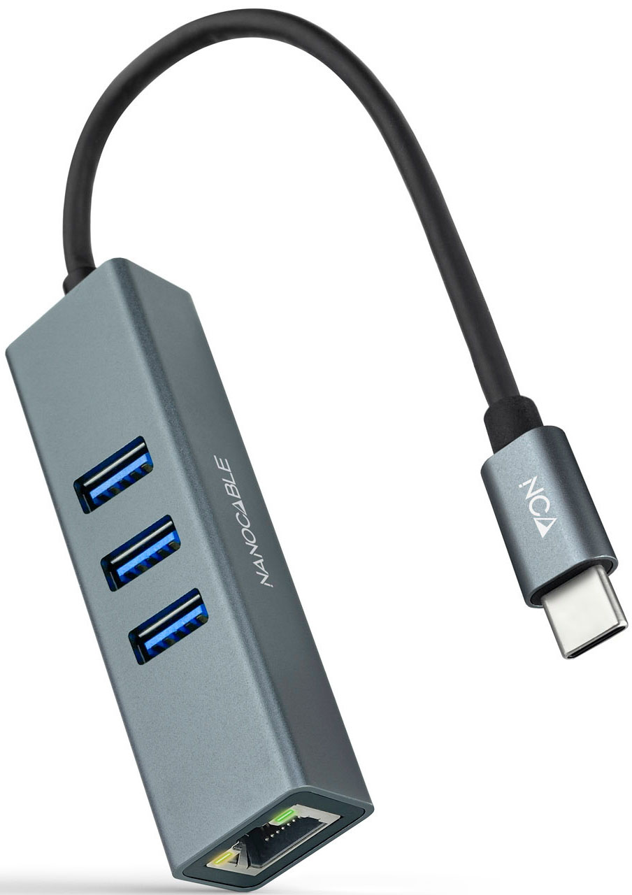 Nanocable - Adaptador Gigabit Nanocable USB-C a Ethernet Gigabit 10/100/1000 Mbps / 3x USB 3.0 15 CM Cinza