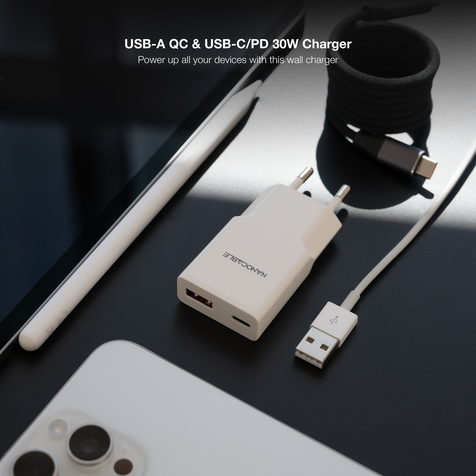 Nanocable - Carregador Nanocable USB-C/PD + USB-A/QC 30W, Branco