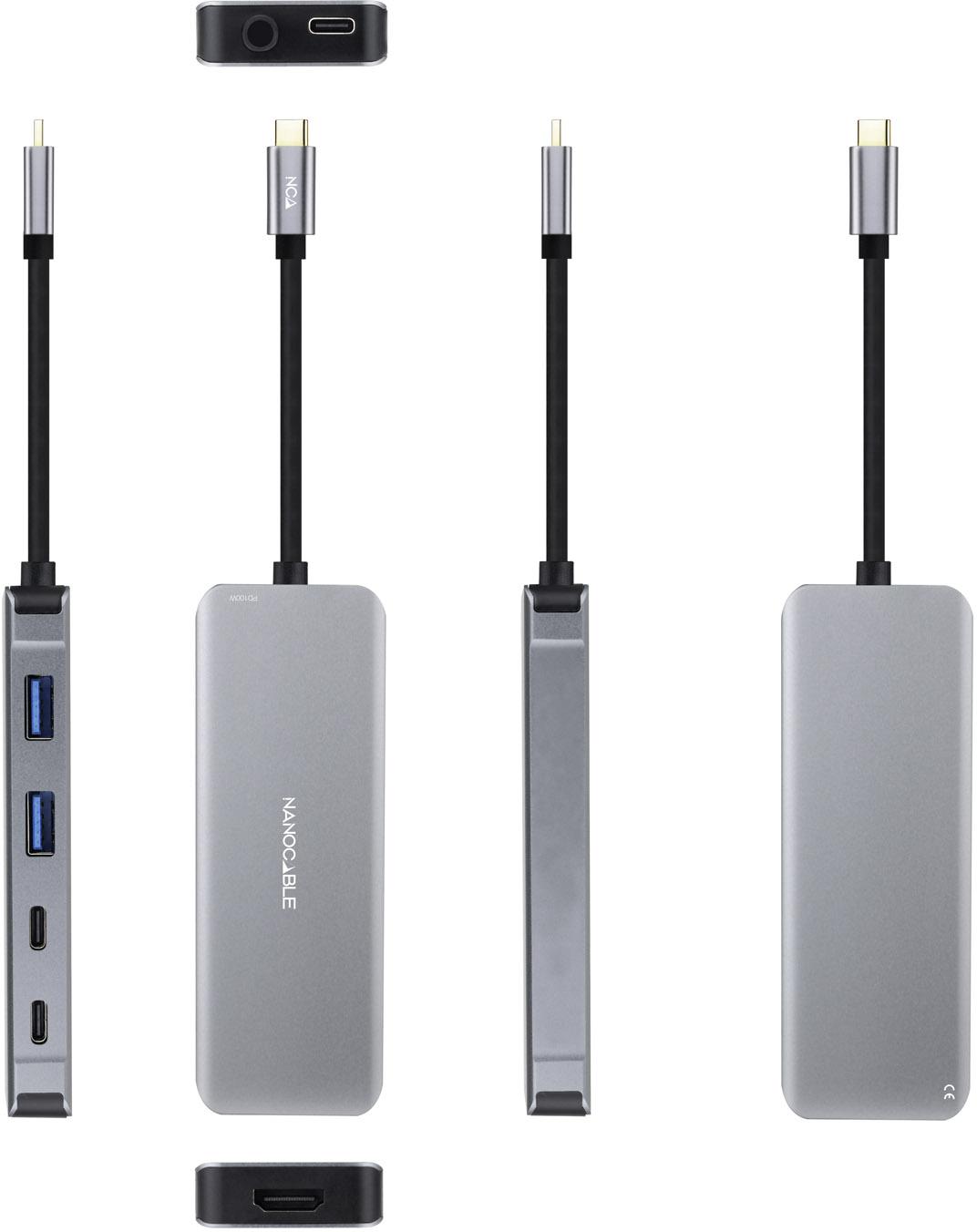 Nanocable - Hub USB-C Nanocable 2x USB-A + 2x USB-C + HDMI + USB-C PD (100W) 15 CM Aluminio