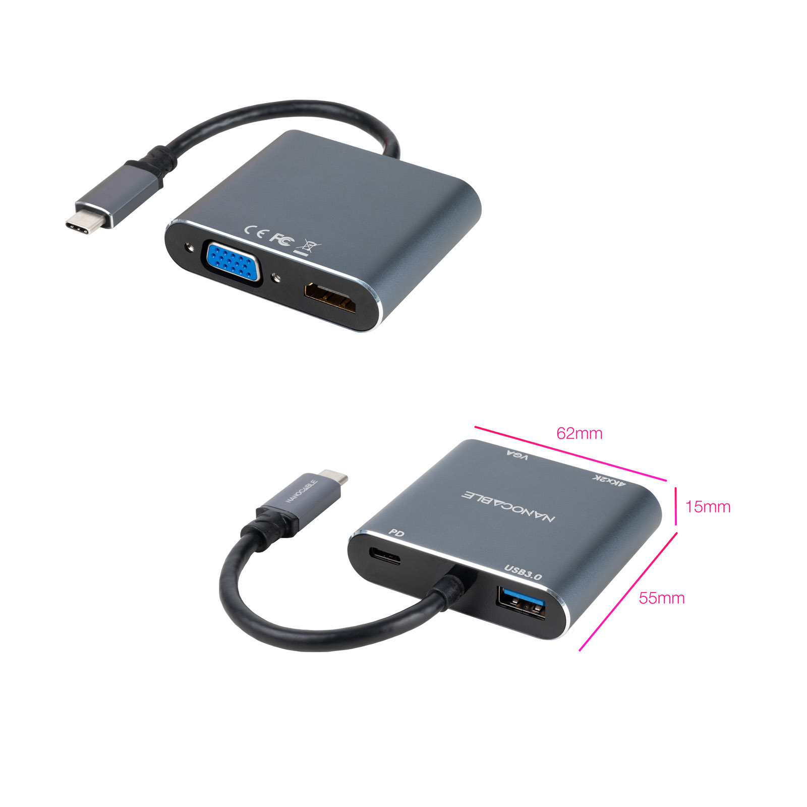 Nanocable - Adaptador Nanocable USB-C > HDMI + VGA + USB3.0 + USB-C (PD 60W) 15CM Cinzento Compatível c/ Thunderbolt 3