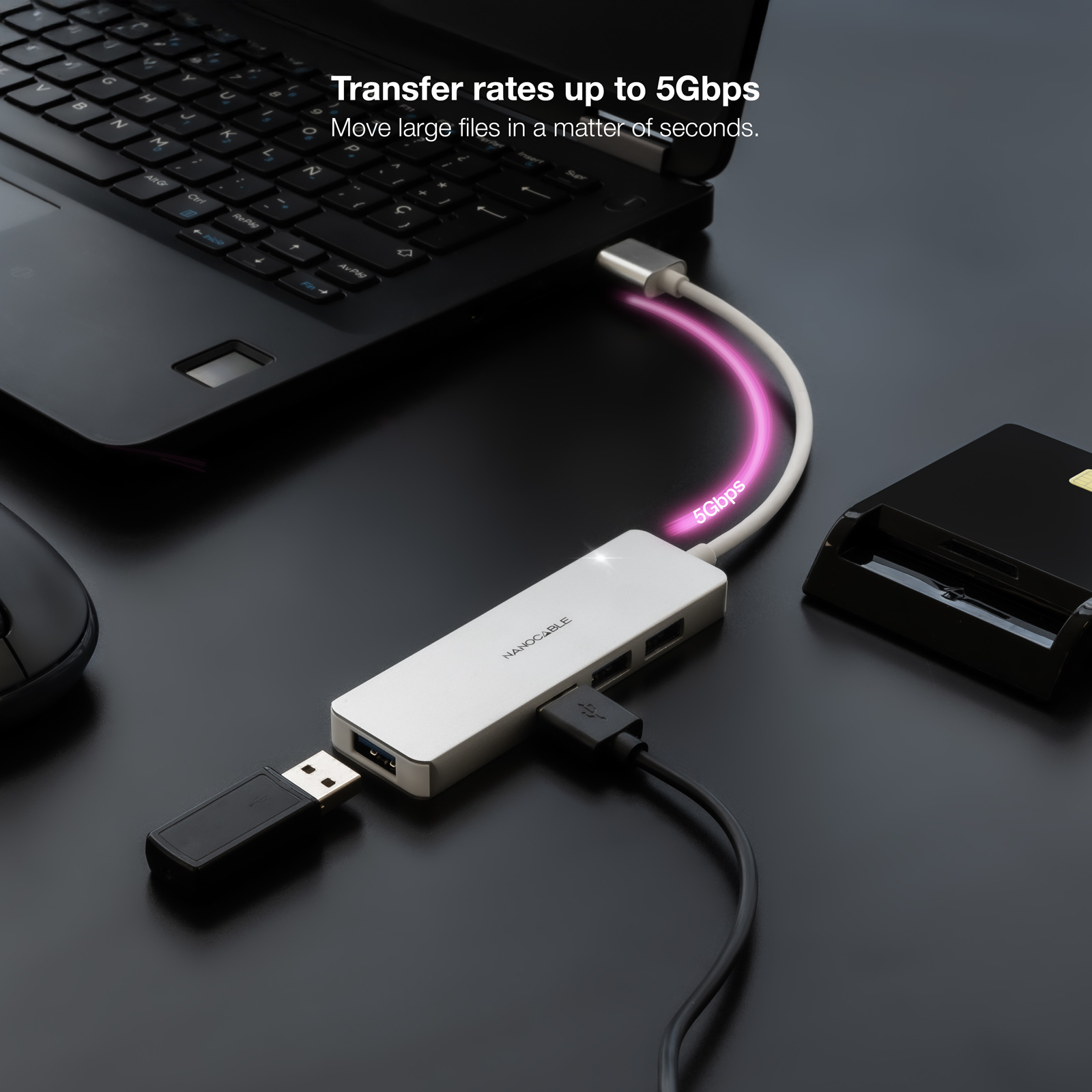 Nanocable - Hub Nanocable USB 3.0 4xUSB3.0. USB-A/M-USB 3.0/H ALUM. 18CM