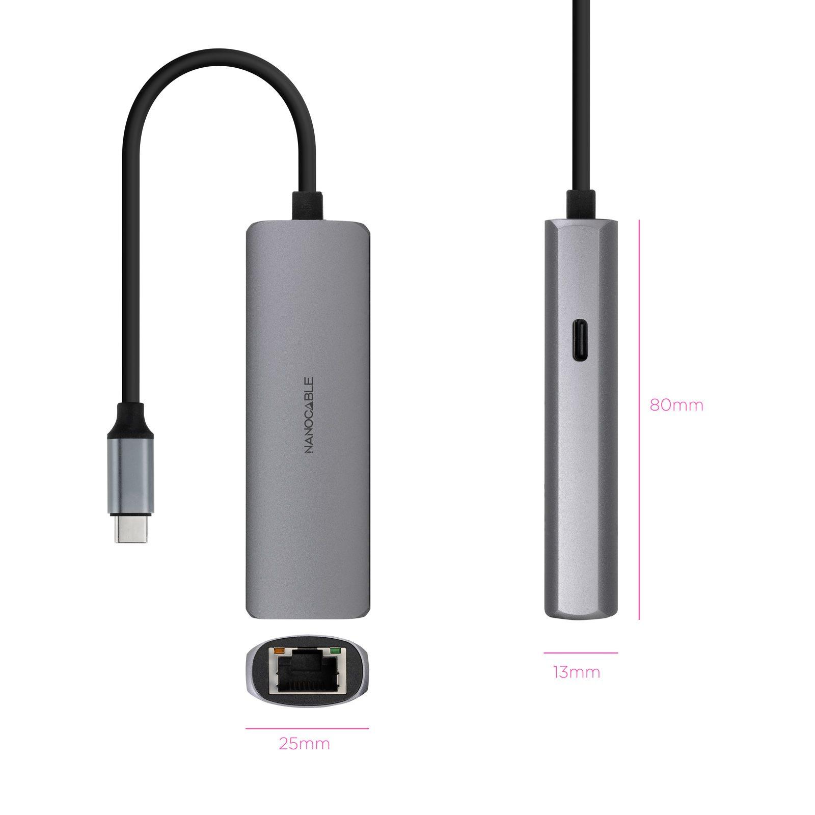Nanocable - Hub Conversor Nanocable USB-C A RJ45, PD 100W, USB-C/M, 18 CM