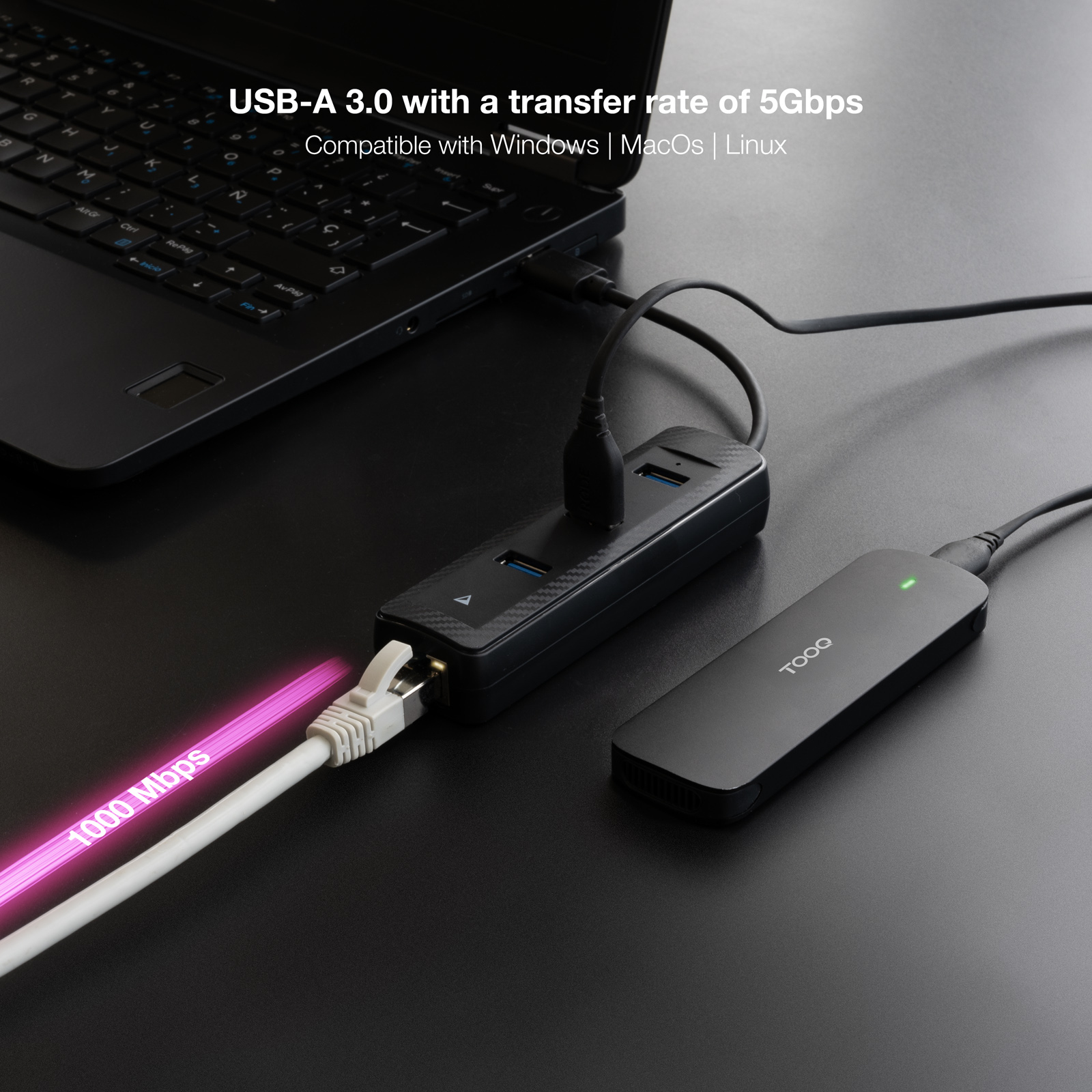 Nanocable - Hub Conversor USB3.0 A Ethernet 3xUSB3.0 USB-A/M-RJ45/