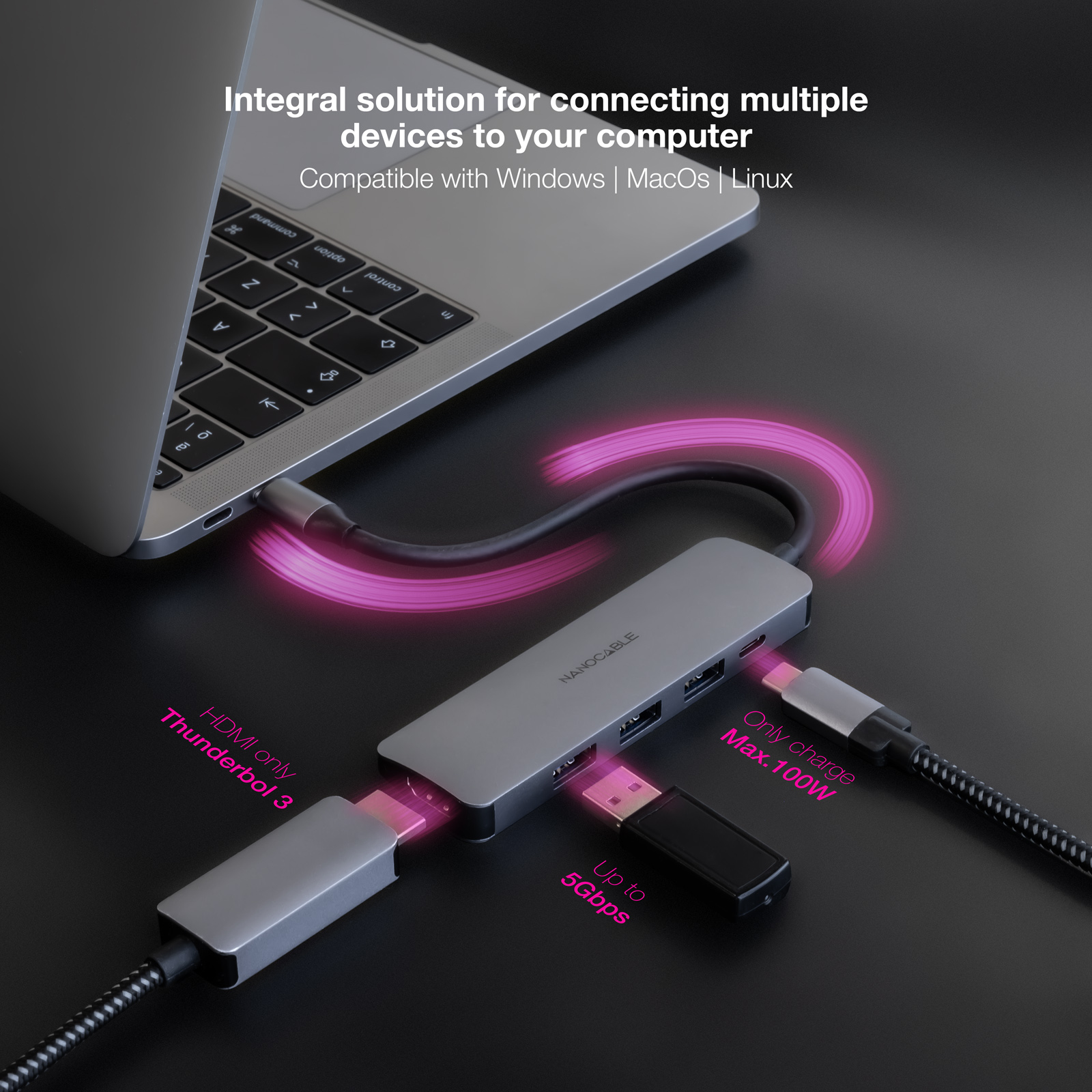 Nanocable - Hub Nanocable USB-C 3xUSB-A+USB-C CARGA+HDMI, Cinzento 18 CM