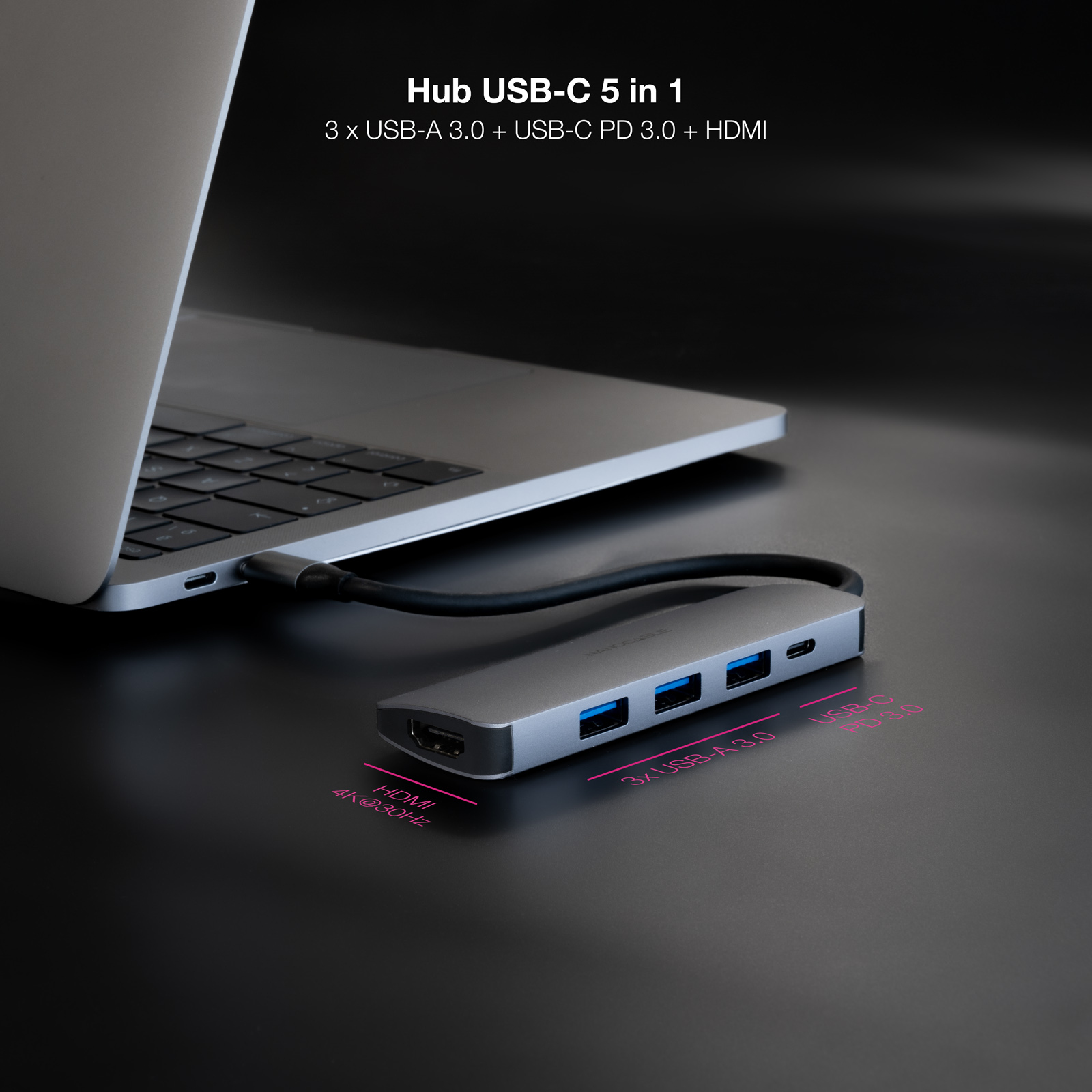 Nanocable - Hub Nanocable USB-C 3xUSB-A+USB-C CARGA+HDMI, Cinzento 18 CM