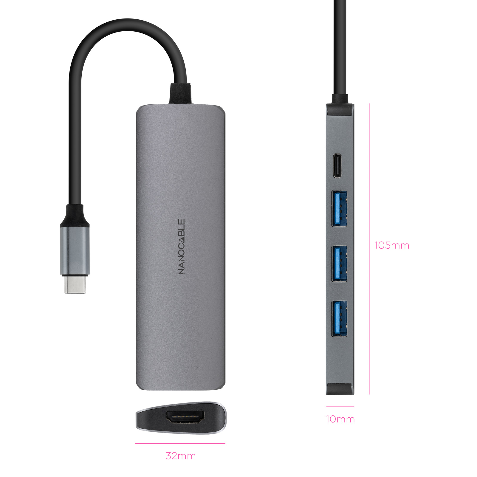 Nanocable - Hub Nanocable USB-C 3xUSB-A+USB-C CARGA+HDMI, Cinzento 18 CM
