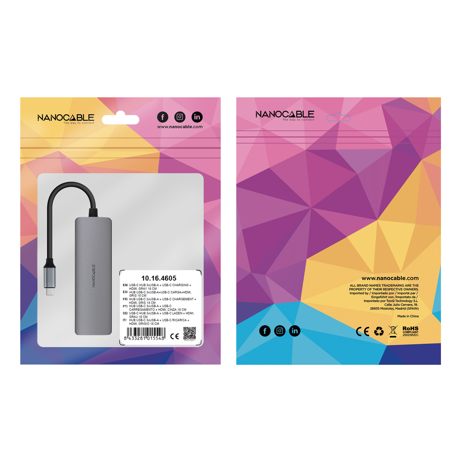 Nanocable - Hub Nanocable USB-C 3xUSB-A+USB-C CARGA+HDMI, Cinzento 18 CM