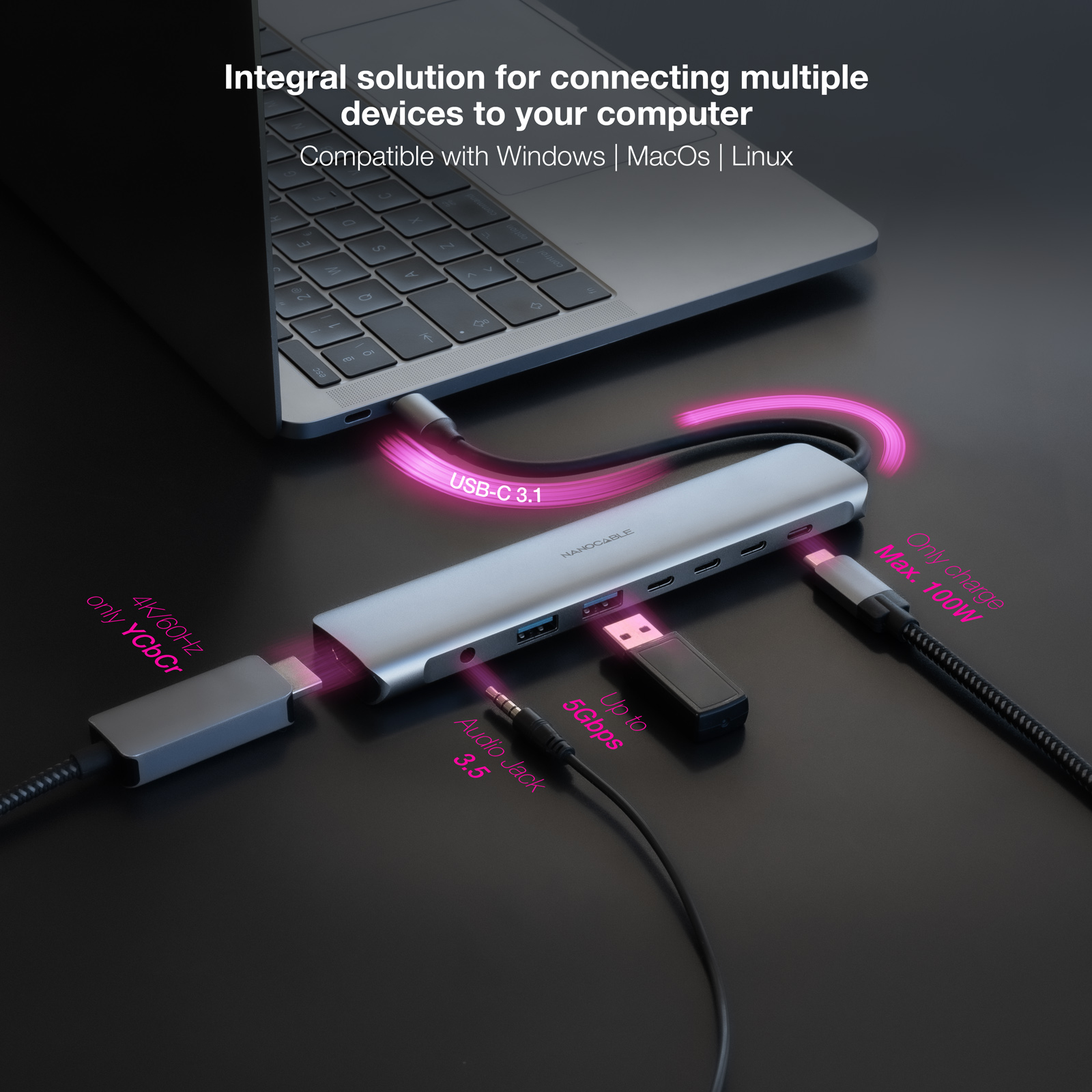Nanocable - Hub Nanocable USB-C 2xUSB-A+3xUSB-C+USB-C CARGA+HDMI+AUDIO