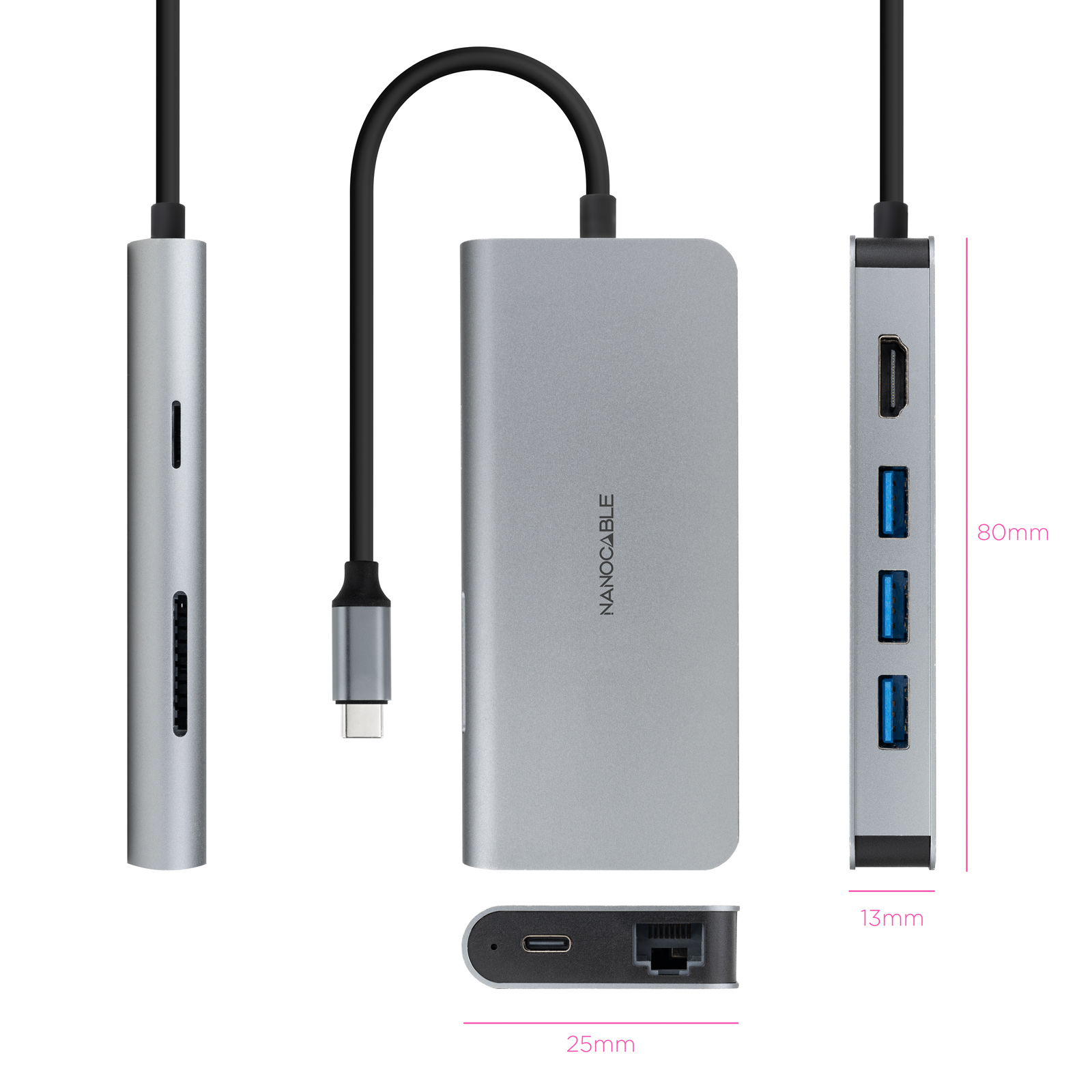 Nanocable - Hub Nanocable USB-C 3xUSB-A+HDMI+USB-C CARGA+RJ45+TF+SD