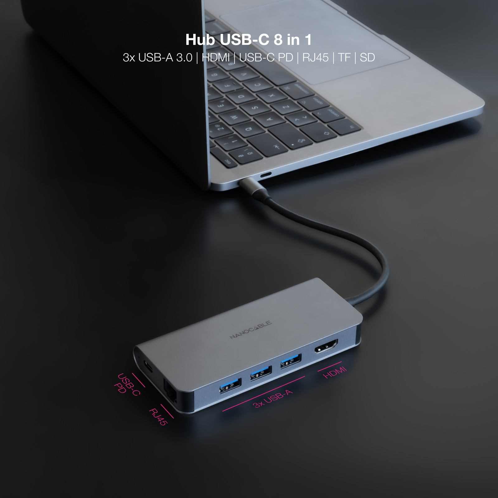 Nanocable - Hub Nanocable USB-C 3xUSB-A+HDMI+USB-C CARGA+RJ45+TF+SD