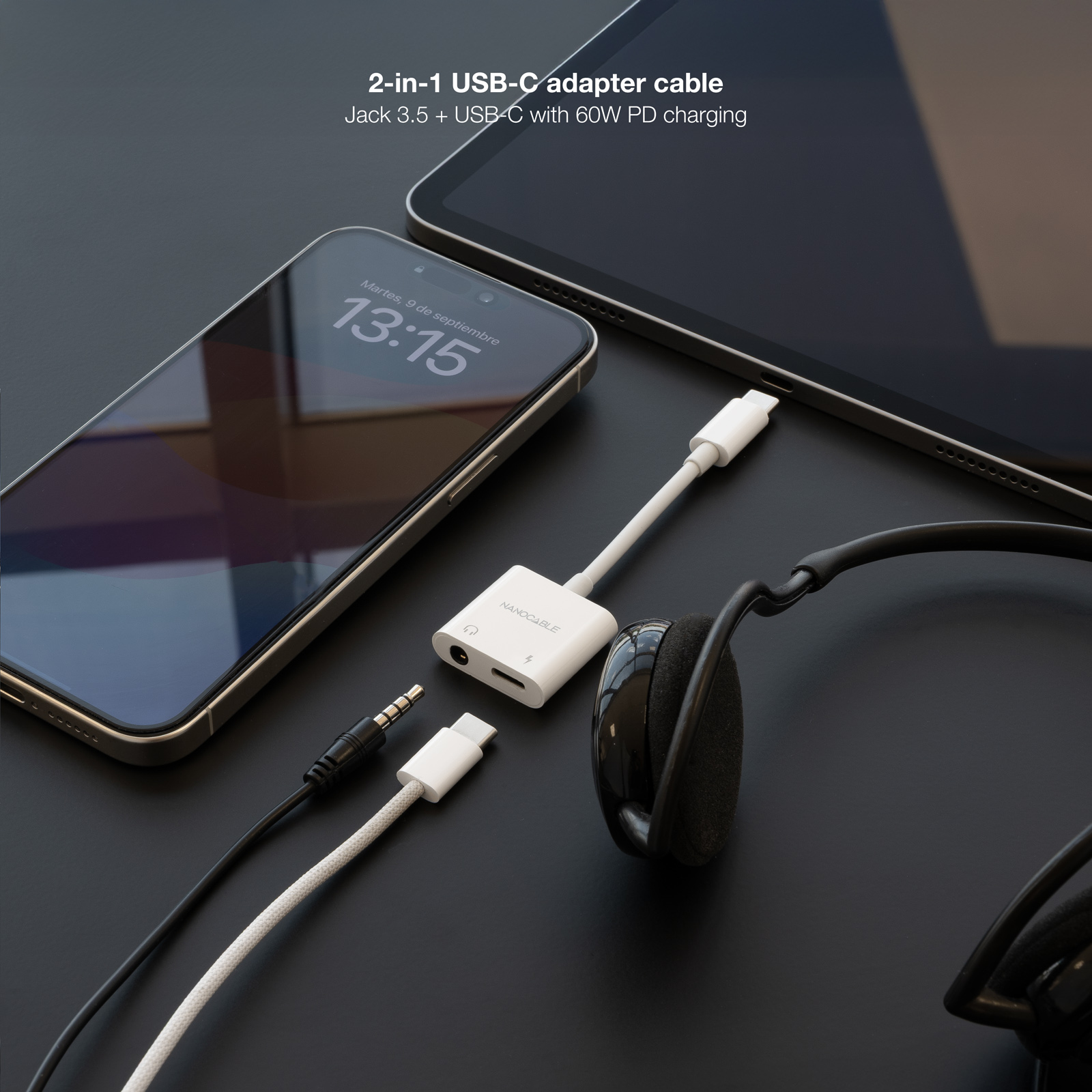 Nanocable - Cabo Adaptador Nanocable USB-C A JACK+USB-C/H PD 60W,Branco