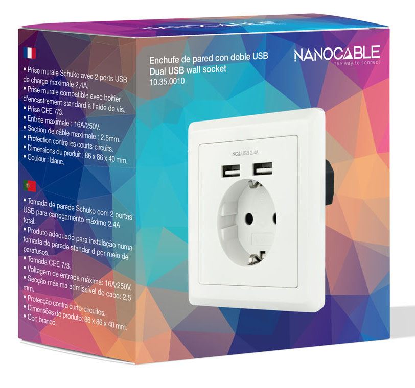 Picture of Picture of Tomada de Parede Nanocable Schuko c/ 2x USB-A (2.4A) Branco