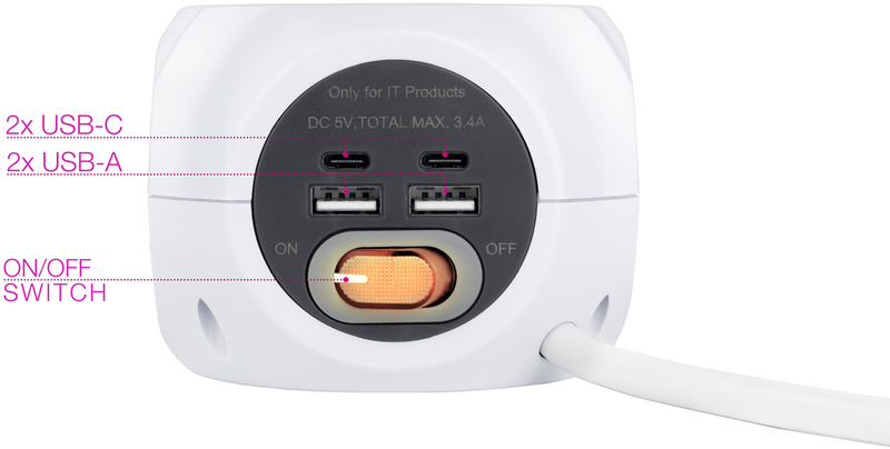 Nanocable - Base de 3 tomadas com 4 USB's (2 USB A / 2 USB-C) c/ interruptor