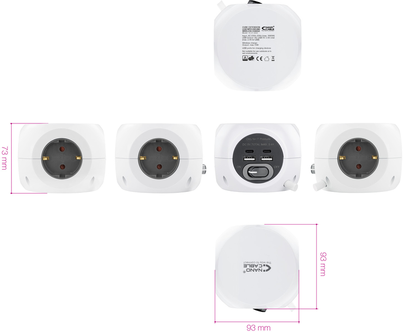 Nanocable - Base de 3 tomadas com 4 USB's (2 USB A / 2 USB-C) c/ interruptor