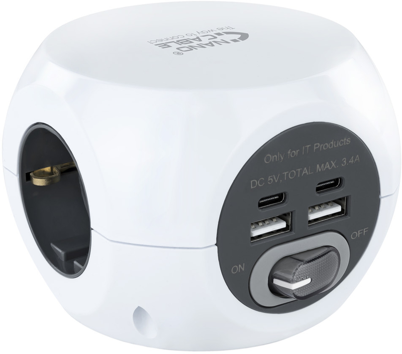 Nanocable - Base de 3 tomadas com 4 USB's (2 USB A / 2 USB-C) c/ interruptor
