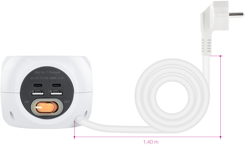 Nanocable - Tomada de 3 sockets com 4 USB's (2 USB A / 2 USB-C) s/ fios, c/ interruptor