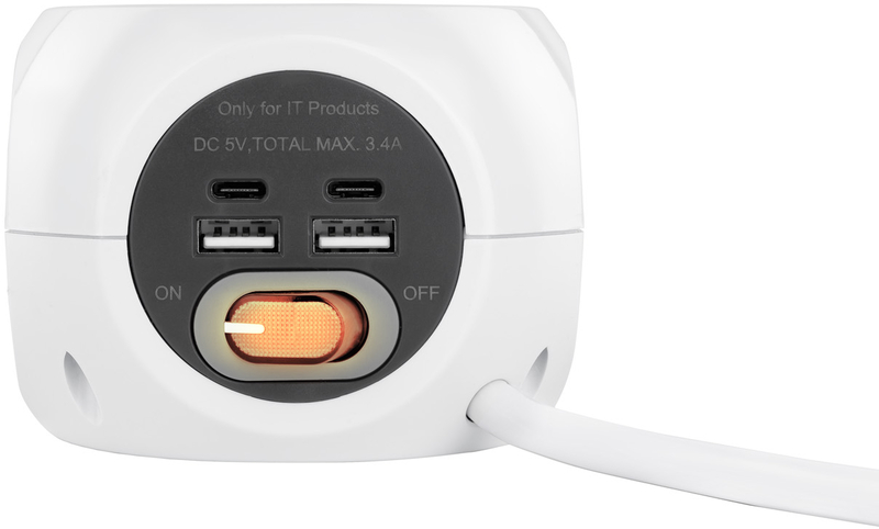 Nanocable - Tomada de 3 sockets com 4 USB's (2 USB A / 2 USB-C) s/ fios, c/ interruptor