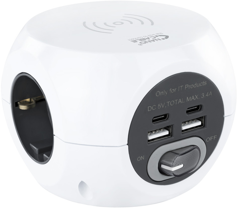 Nanocable - Tomada de 3 sockets com 4 USB's (2 USB A / 2 USB-C) s/ fios, c/ interruptor