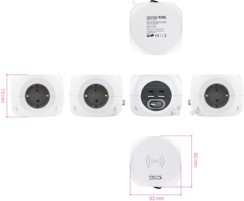 Nanocable - Tomada de 3 sockets com 4 USB's (2 USB A / 2 USB-C) s/ fios, c/ interruptor
