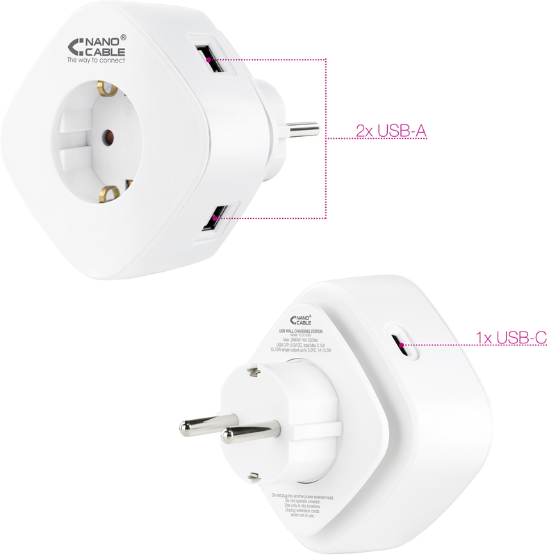 Nanocable - Carregador tomada Nanocable 2 USB A / 1 USB-C e Tomada integrada