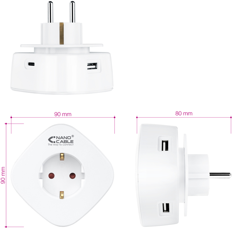 Nanocable - Carregador tomada Nanocable 2 USB A / 1 USB-C e Tomada integrada