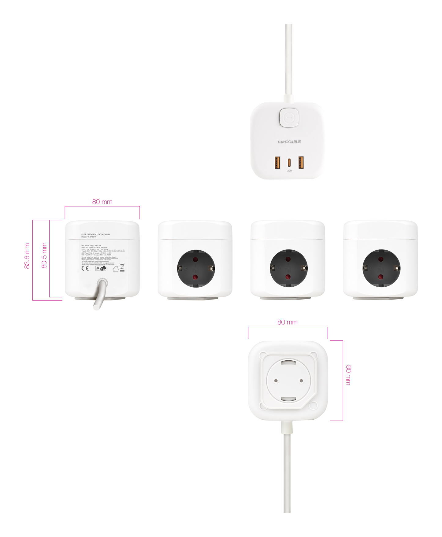 Nanocable - Cubo Nanocable com 3 Tomadas 3 USB com interruptor Branco