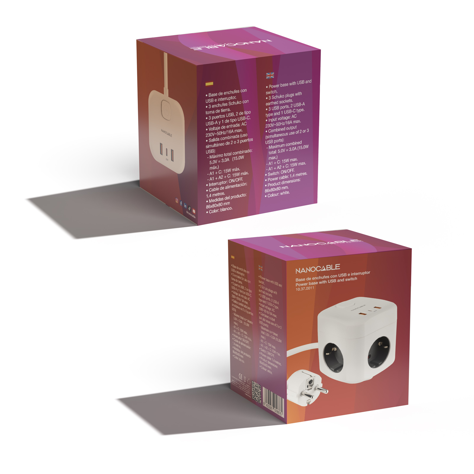 Nanocable - Cubo Nanocable com 3 Tomadas 3 USB com interruptor Branco