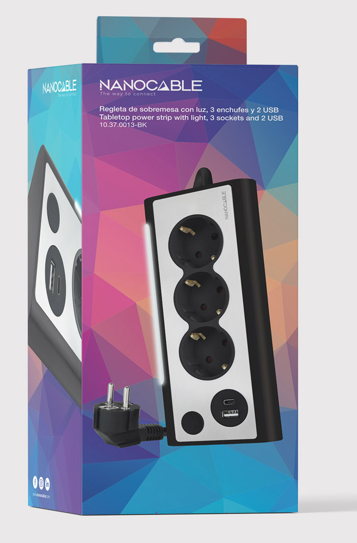 Nanocable - Régua Nanocable 3 Tomadas / 2x USB ( USB-C / USB-A ) Preto