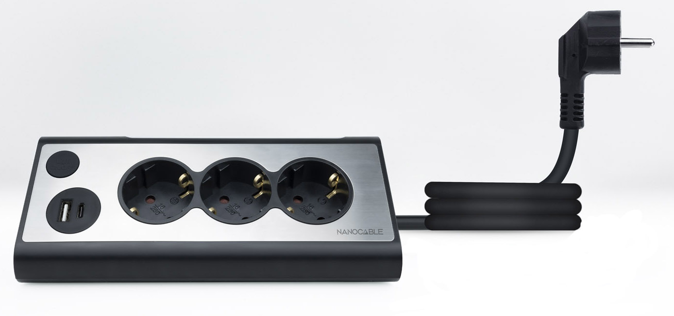 Nanocable - Régua Nanocable 3 Tomadas / 2x USB ( USB-C / USB-A ) Preto