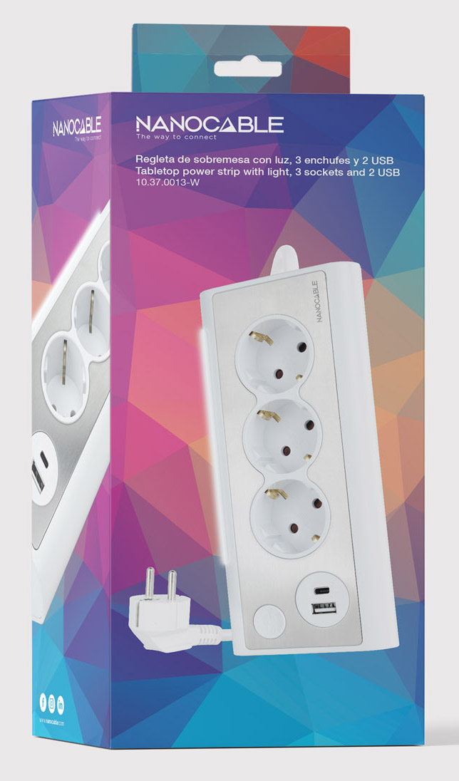 Nanocable - Régua Nanocable 3 Tomadas / 2x USB ( USB-C / USB-A )