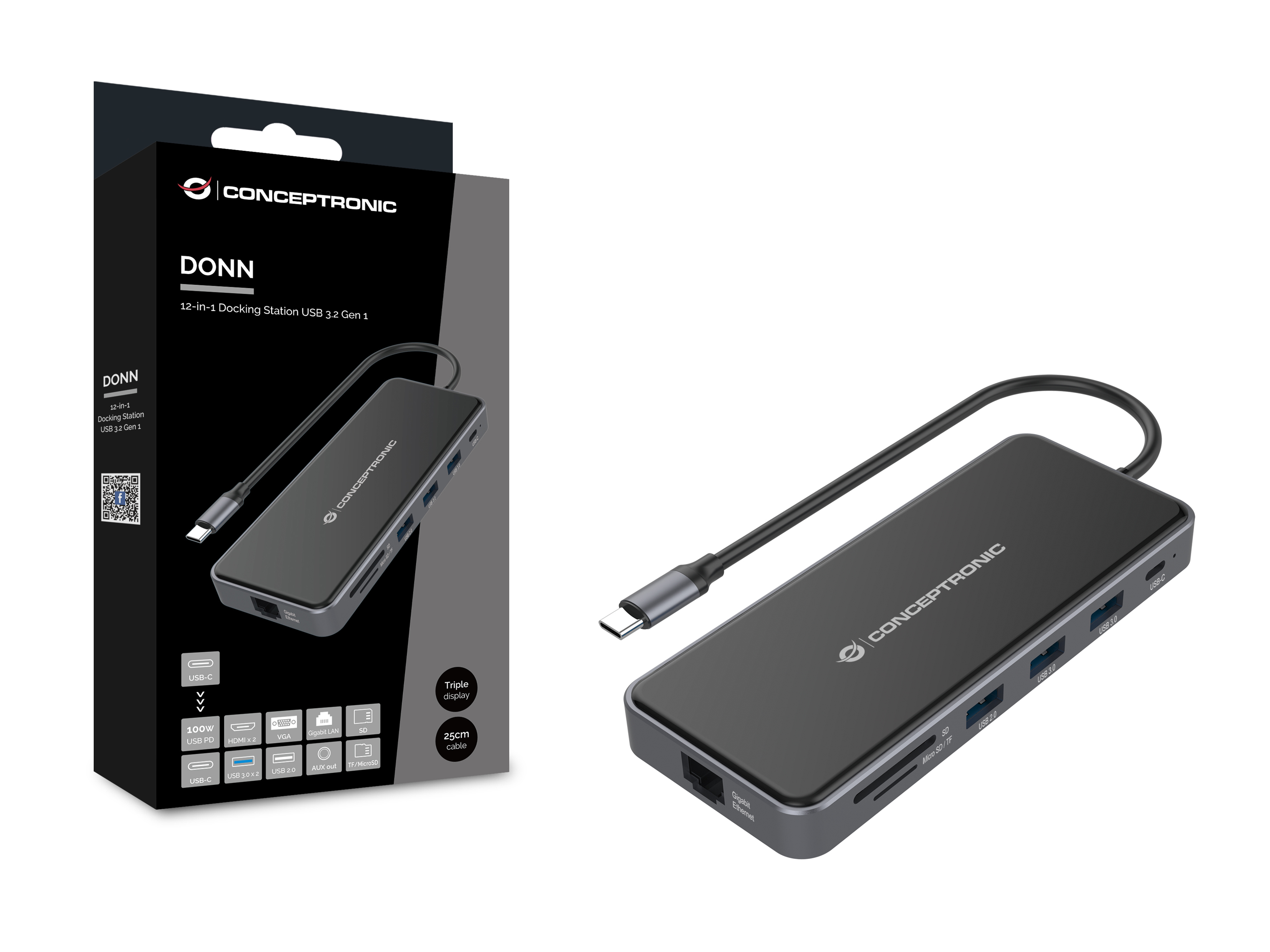 conceptronic - HUB USB Conceptronic 12-in-1 USB-C 3.2 > 3x USB-A 3.0 + 2x HDMI + VGA + USB 2.0 + Gigabit + USB-C (PD100W) + Leitor de Cartões + Áudio