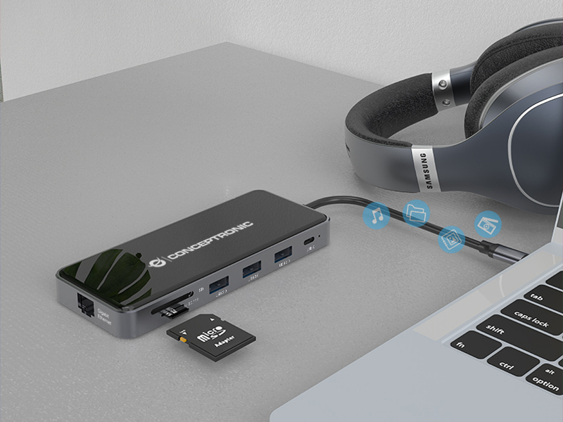 conceptronic - HUB USB Conceptronic 12-in-1 USB-C 3.2 > 3x USB-A 3.0 + 2x HDMI + VGA + USB 2.0 + Gigabit + USB-C (PD100W) + Leitor de Cartões + Áudio