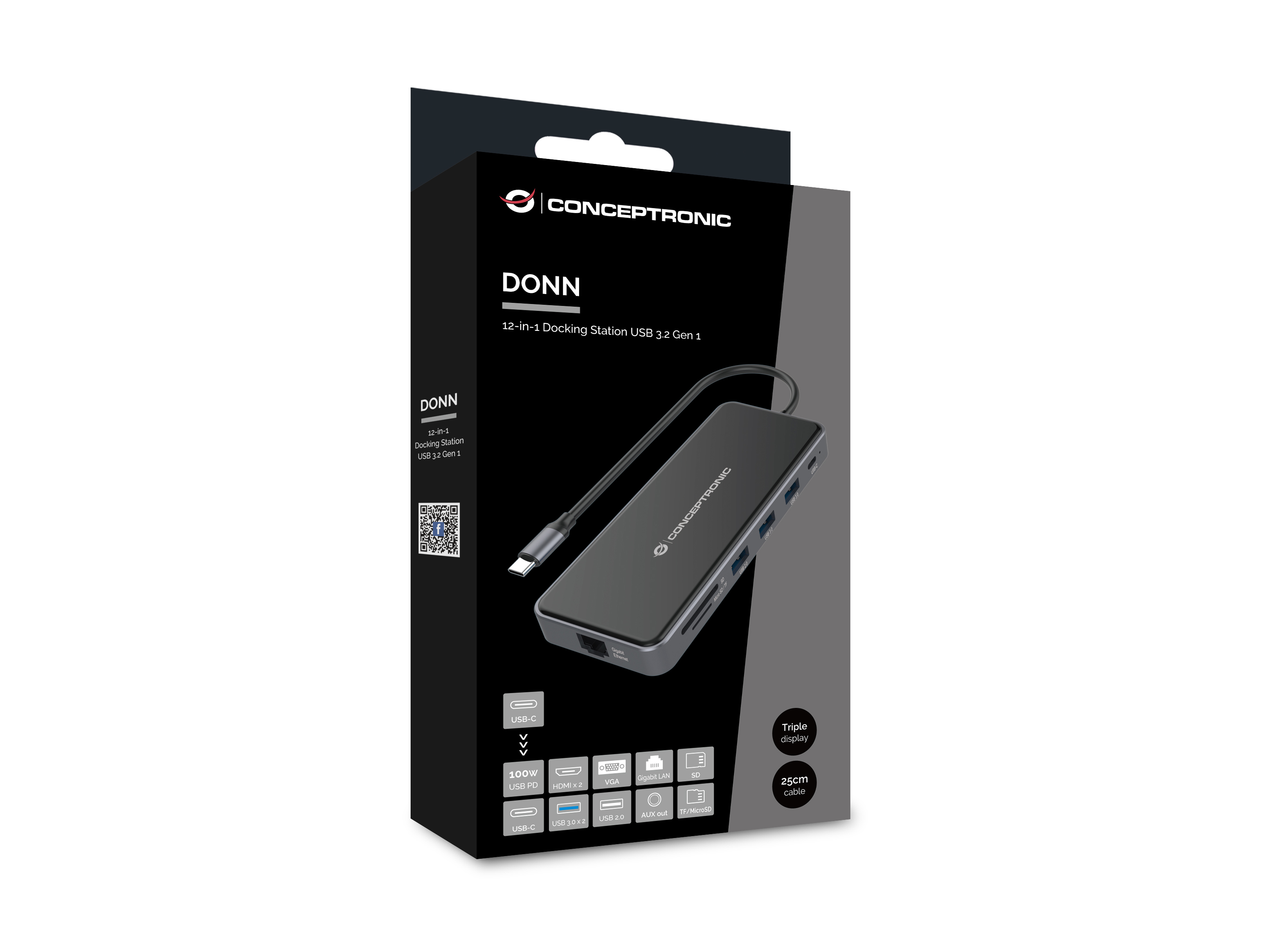 conceptronic - HUB USB Conceptronic 12-in-1 USB-C 3.2 > 3x USB-A 3.0 + 2x HDMI + VGA + USB 2.0 + Gigabit + USB-C (PD100W) + Leitor de Cartões + Áudio