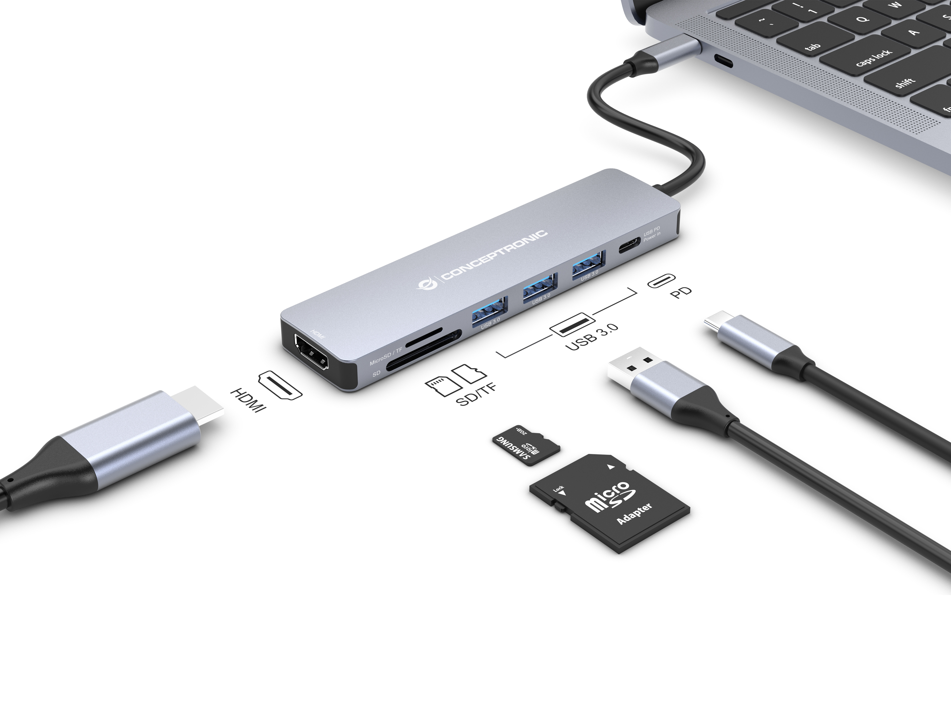 conceptronic - HUB USB Conceptronic 7-in-1 USB-C 3.2 > 3x USB-A 3.0 + HDMI + USB 3.2 PD (100W) + Leitor de Cartões