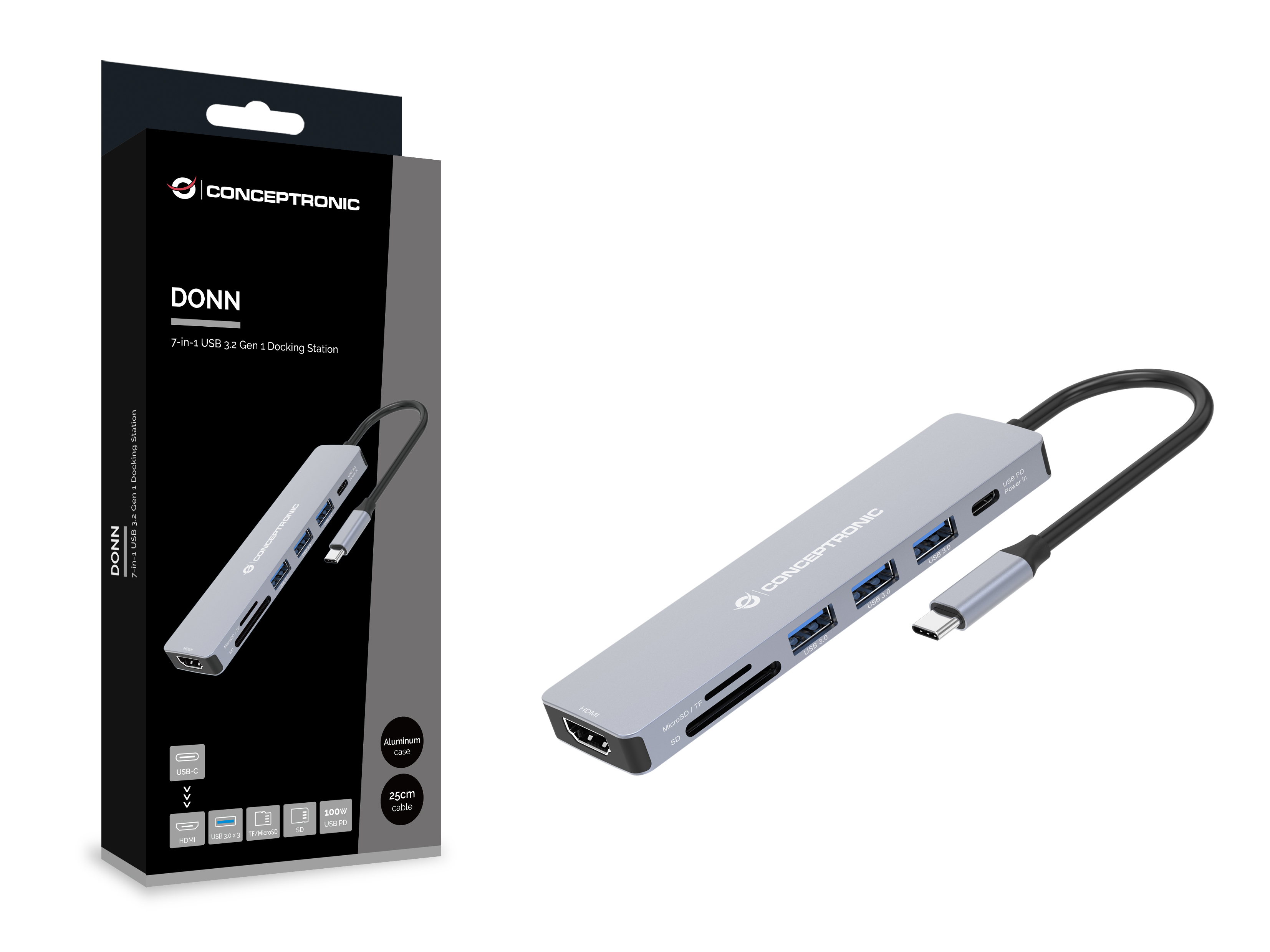 conceptronic - HUB USB Conceptronic 7-in-1 USB-C 3.2 > 3x USB-A 3.0 + HDMI + USB 3.2 PD (100W) + Leitor de Cartões
