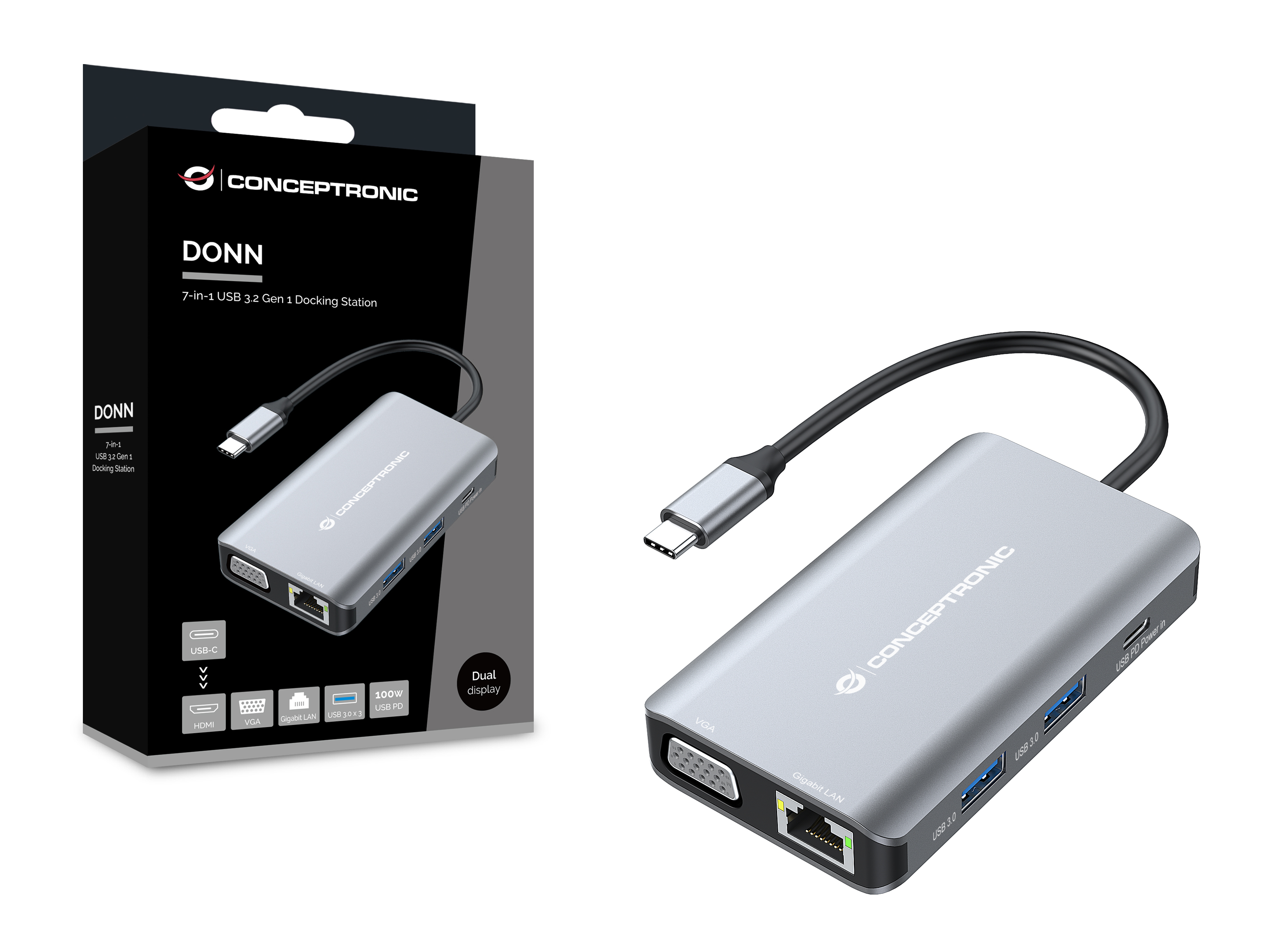 conceptronic - HUB USB Conceptronic 7-in-1 USB-C 3.2 > 3x USB-A 3.0  + HDMI + VGA + Gigabit + USB-C (PD100W)