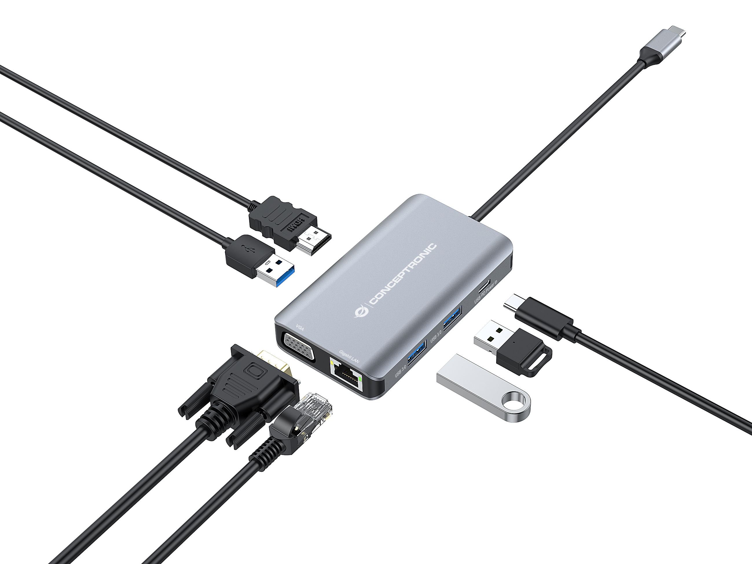 conceptronic - HUB USB Conceptronic 7-in-1 USB-C 3.2 > 3x USB-A 3.0  + HDMI + VGA + Gigabit + USB-C (PD100W)