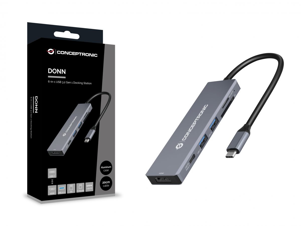 conceptronic - HUB USB Conceptronic 6-in-1 USB-C 3.2 > 2x USB-A 3.0 + HDMI + USB-C (PD100W) + Lt.Cartões