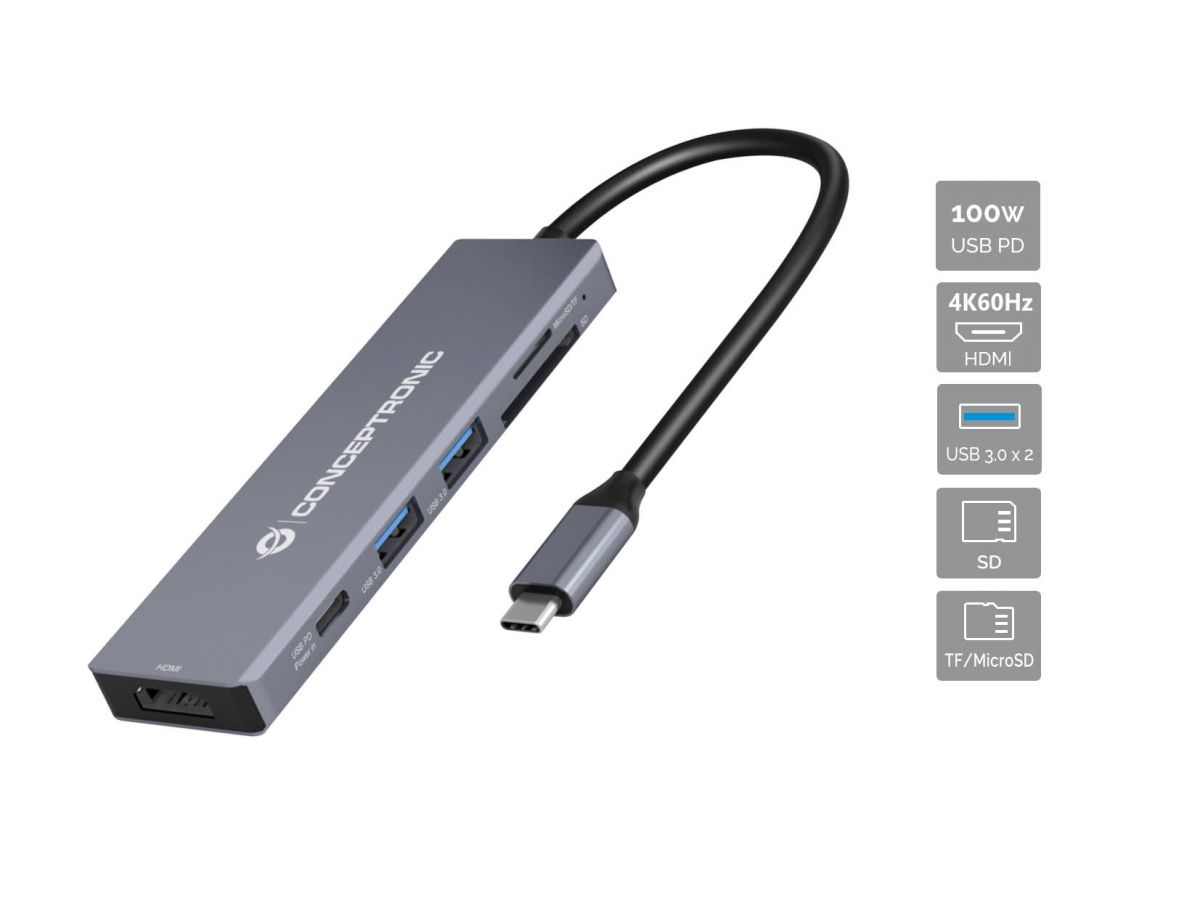 conceptronic - HUB USB Conceptronic 6-in-1 USB-C 3.2 > 2x USB-A 3.0 + HDMI + USB-C (PD100W) + Lt.Cartões