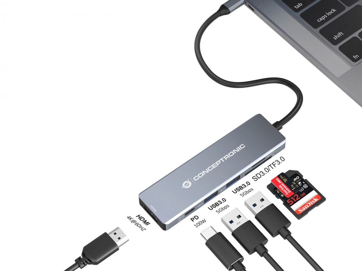 conceptronic - HUB USB Conceptronic 6-in-1 USB-C 3.2 > 2x USB-A 3.0 + HDMI + USB-C (PD100W) + Lt.Cartões