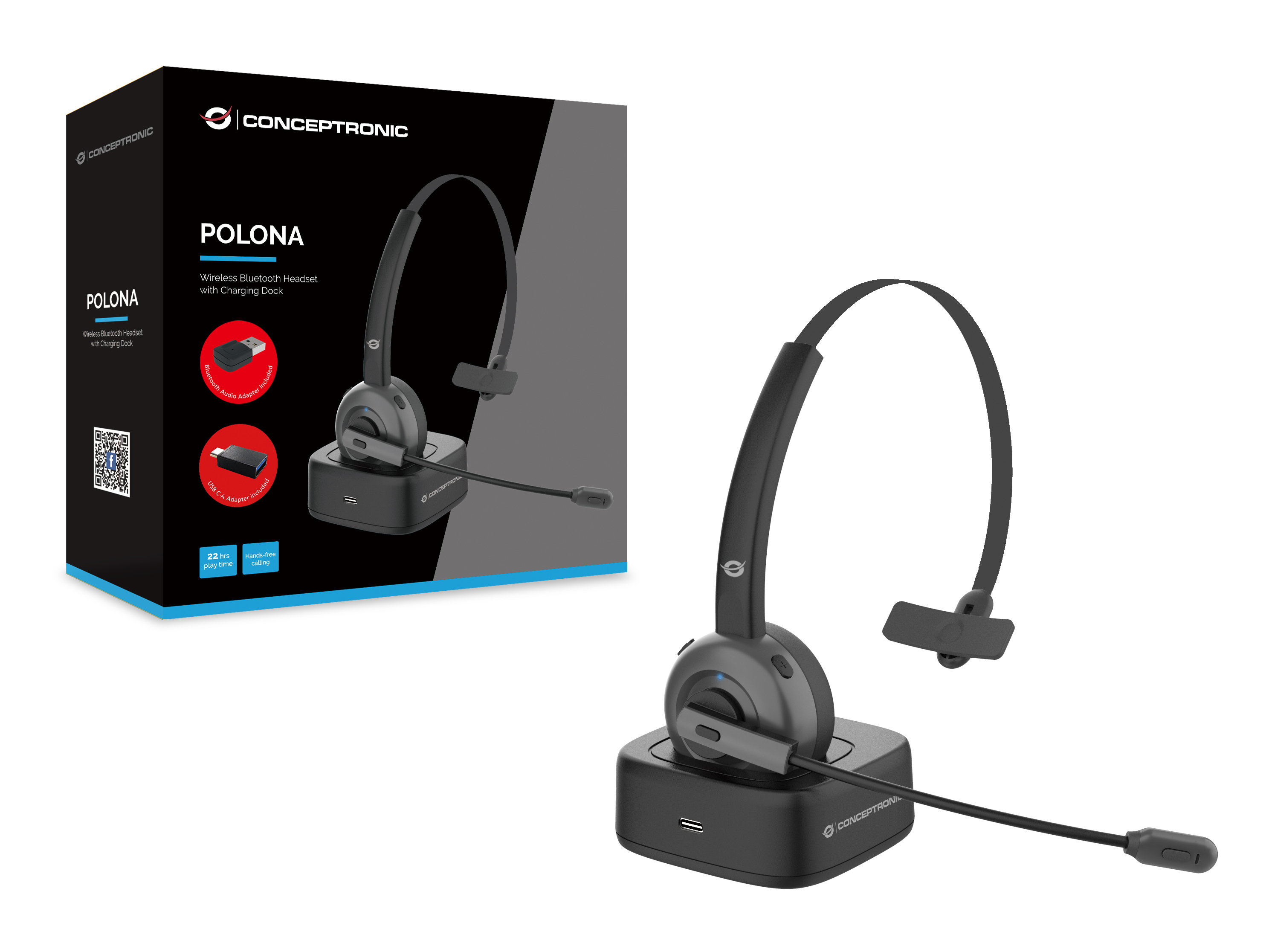 conceptronic - Headset Conceptronic Polona 03BDA Mono-Headset c/Charging Dock e Bluetooth Audio Adapter + Dongle