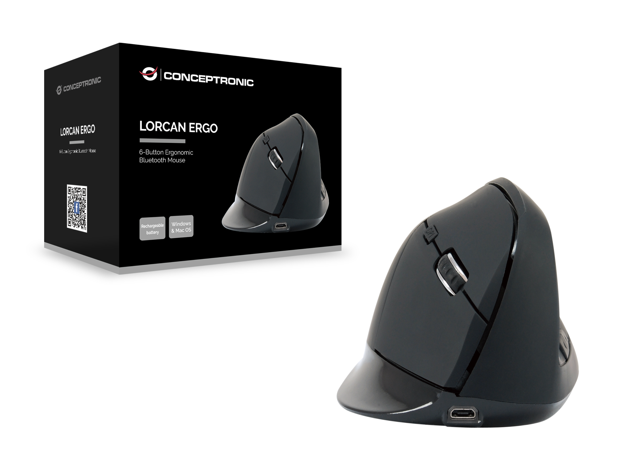 conceptronic - Rato Conceptronic LORCAN Ergonómico 6 Botões Bluetooth Recarregável Preto