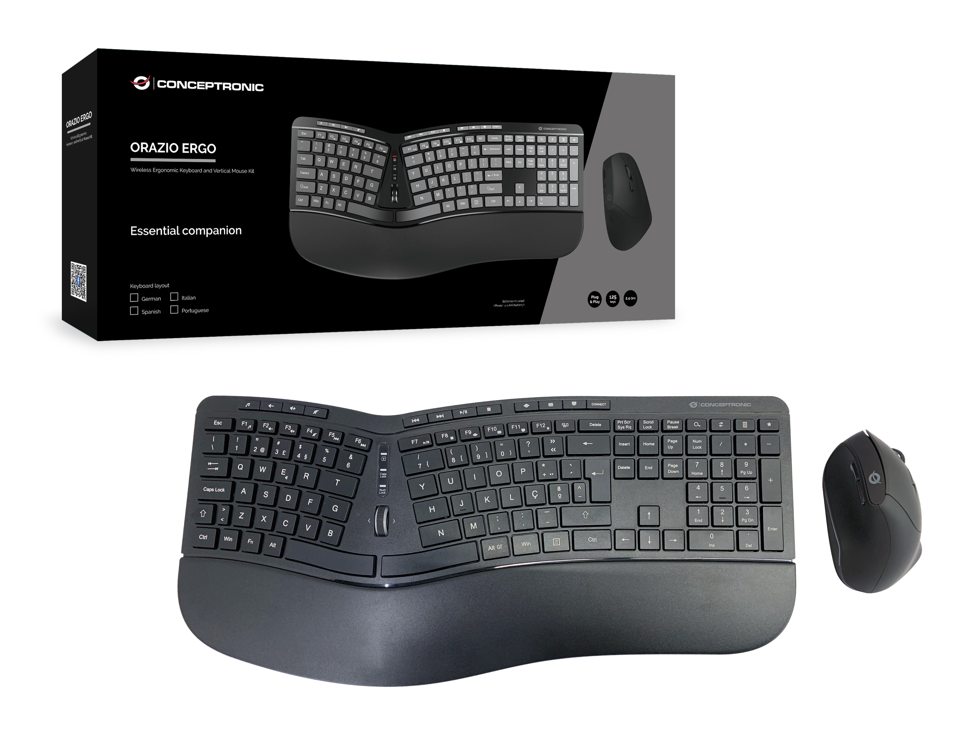 conceptronic - Teclado + Rato Ergonómico Wireless Conceptronic ORAZIO02PT Preto (PT)