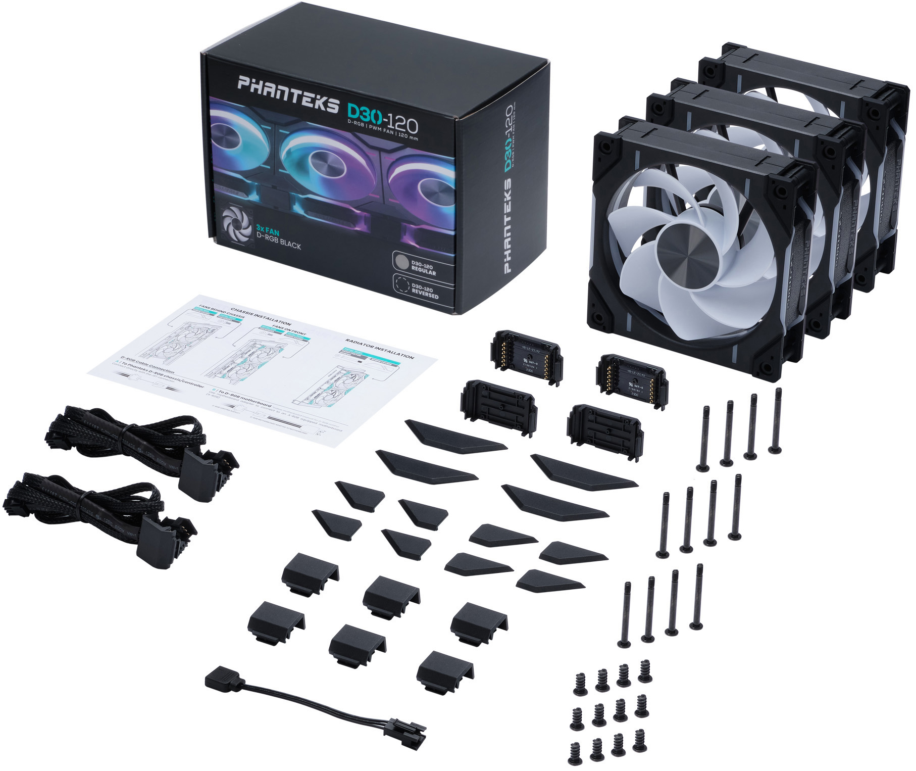 Phanteks - Ventoinha Phanteks D30 PWM reverse Airflow D-RGB Preto Pack 3 - 120mm