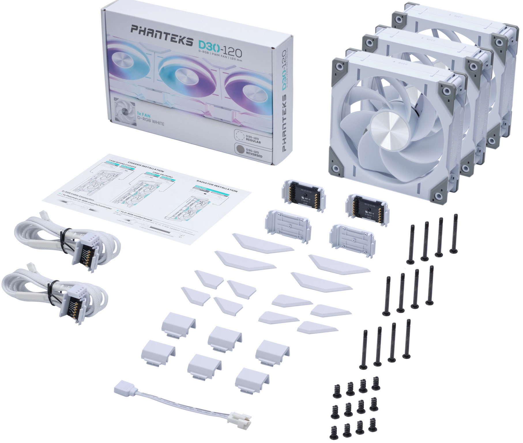 Phanteks - Ventoinha Phanteks D30 PWM reverse Airflow D-RGB Branco Pack 3 - 120mm