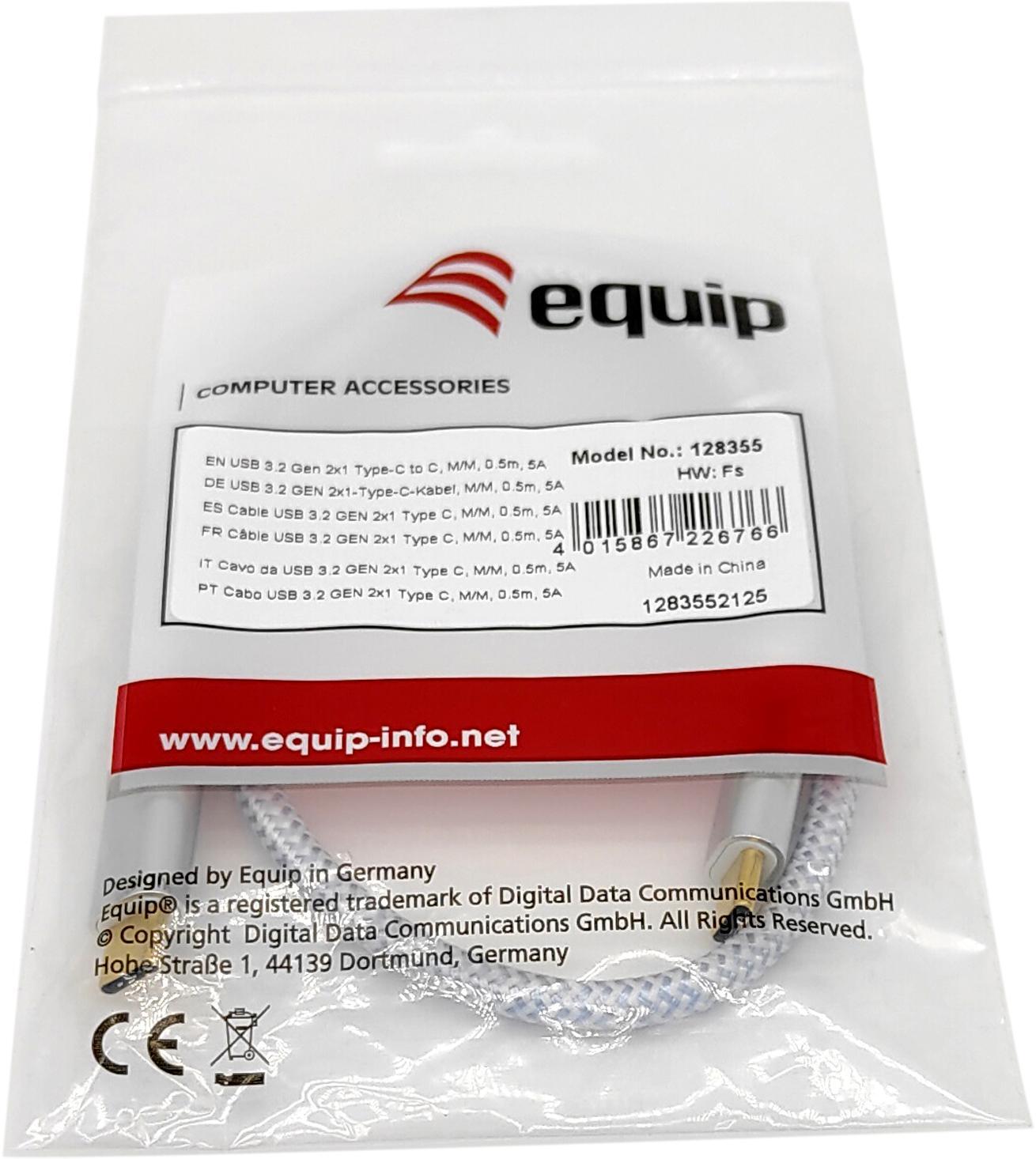 equip - Cabo Equip USB 3.2 GEN 2 C > USB-C M/M 0.5M 10G TRANSFER 5A (100W) Branco