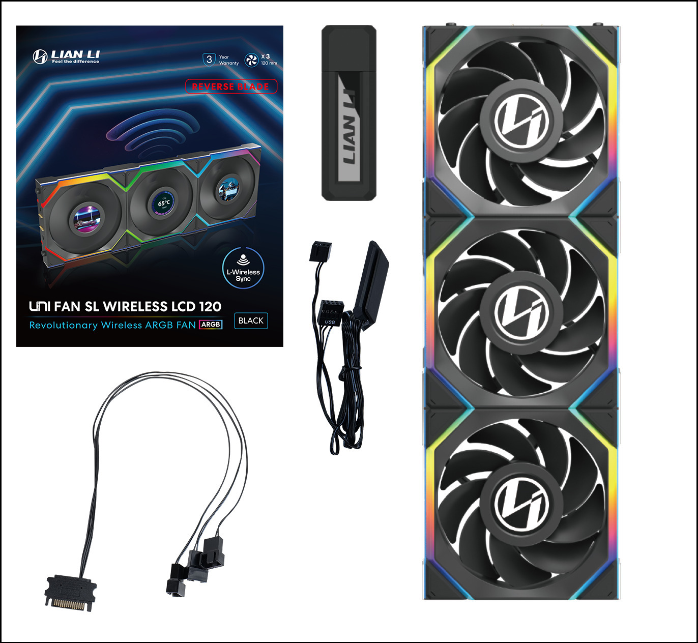 Picture of Picture of Ventoinha Lian Li UNI FAN SL120 LCD Wireless RGB Reverse Blade PWM Preto 120mm (Pack 3)