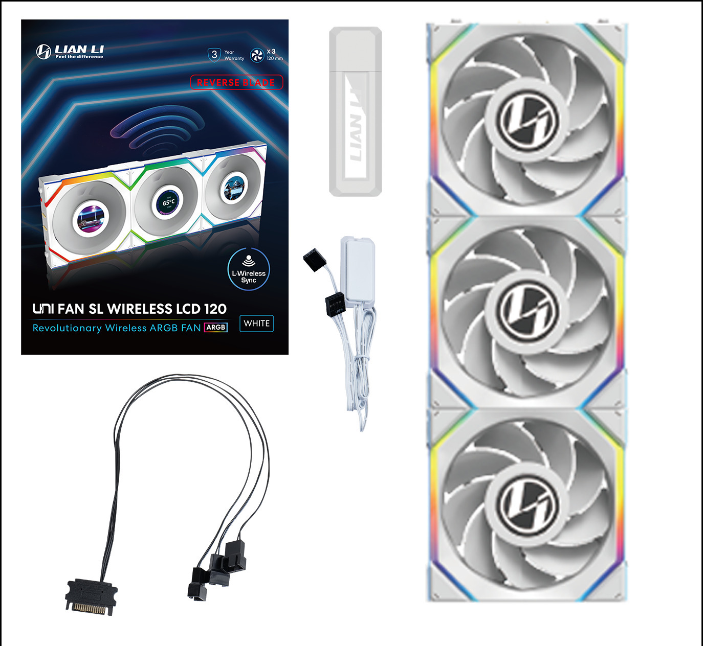 Picture of Picture of Ventoinha Lian Li UNI FAN SL120 LCD Wireless RGB Reverse Blade PWM Branco 120mm (Pack 3)